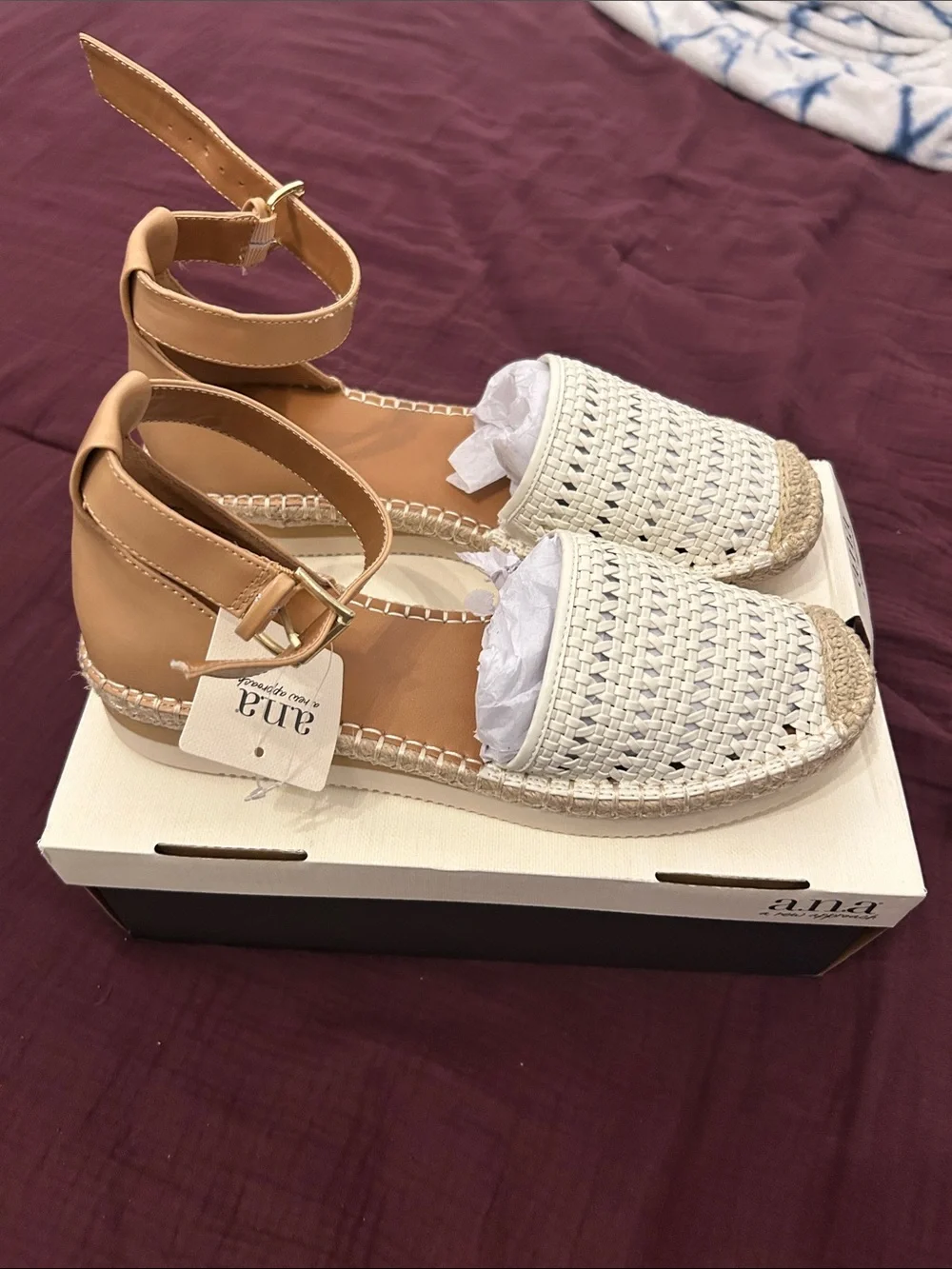 a.n.a Cream Woven Espadrille Platform Sandal with Tan Ankle Strap
